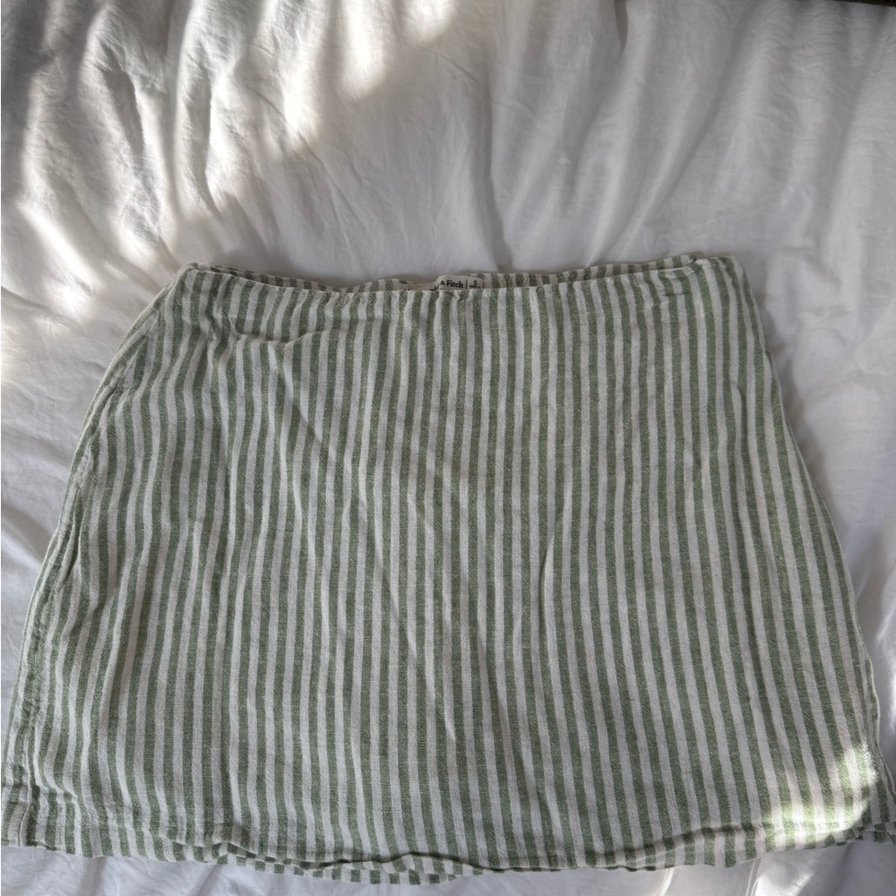 Chic Striped Mini Skirt in Green and White Stripes - Linen